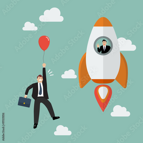 Businessman on a rocket fly pass Businessman with red balloon