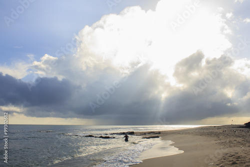 Landscape of sea, beach and cloudy sky which has sun beam ; southern of Thailand