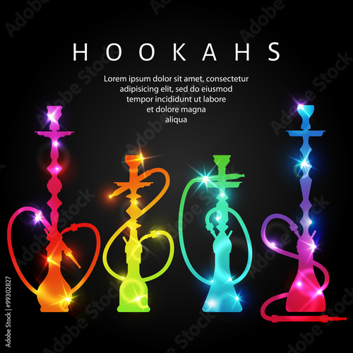 Vector neon shining hookah silhouettes. Label for hookah lounge or shisha bar.