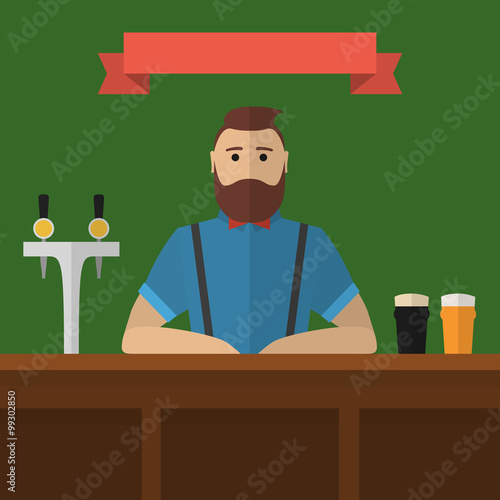 Hipster bartender. Vector vintage flat style barman serving beer in pub. Craft beer bar label
