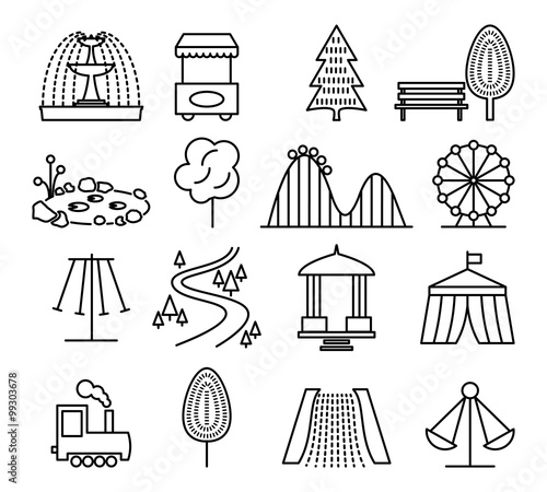 Park landscape and amusement line icons vector set