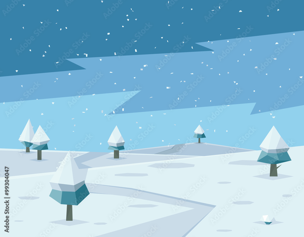 Winter low poly background with road and polygonal firs trees vector