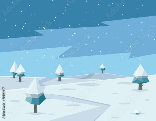 Winter low poly background with road and polygonal firs trees vector