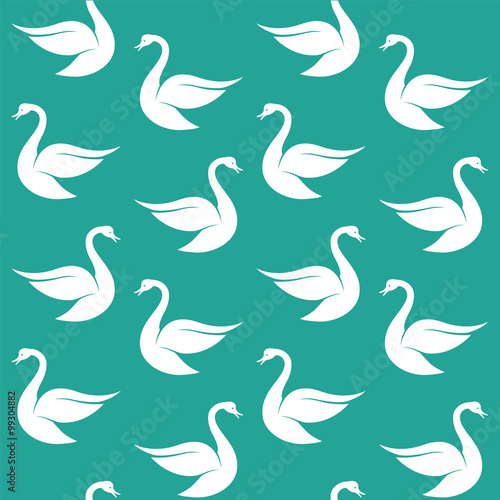 Vector seamless pattern with white swan on blue background. wall