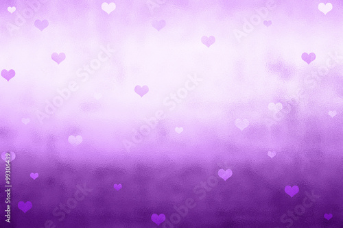 Purple color glass textured window detail with lovely Valentine's Day Heart shapes illustration background. Lovely textured Valentine Holidays greeting card copy space background.
