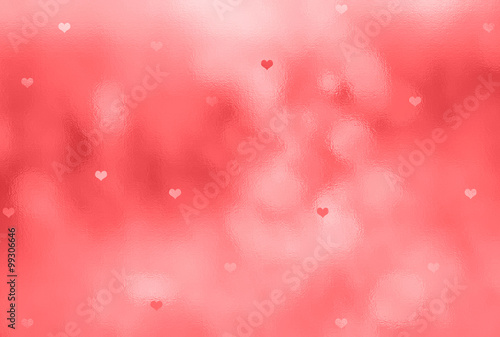 Lovely red color blurry glass textured window details with beautiful small Valentine's Day Heart symbols illustration background. Lovely Valentine Holidays greeting card copy space background.