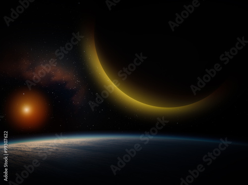 Fototapeta Naklejka Na Ścianę i Meble -  Blue planet with nebula and giant planet on background.