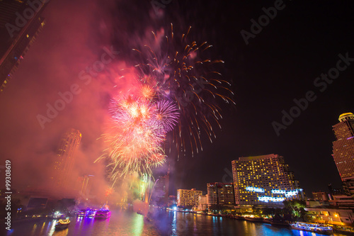 Firework with smoke at Chao Phraya River in countdown celebration party 2016 Bangkok Thailand