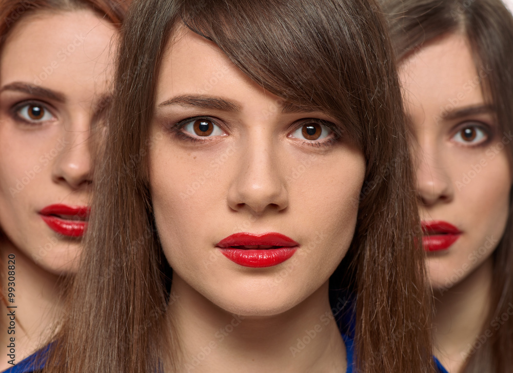 three pretty women faces. triplets sisters three pretty women faces. triplets sisters
