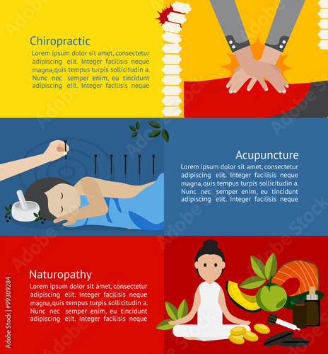 Alternative medicine chiropractic acupuncture naturopathy infographic banner template brochure layout for chemical free health care education and advertisement (vector)