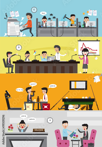Problems in bad business company for each department such as office employee working section, meeting room, lazy leisure relaxing room, and reception for visitor banner (cartoon vector) 