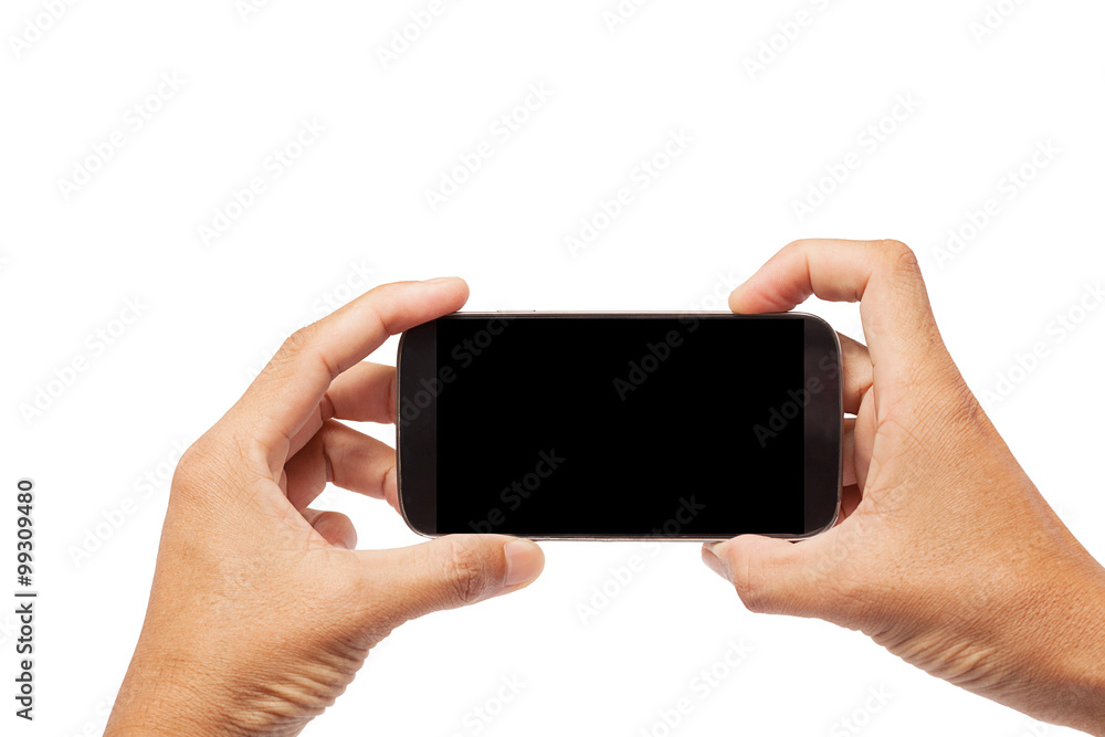 Hand male asian holding Smartphone with blank screen on white ba Hand male asian holding Smartphone with blank screen on white ba