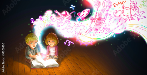 Cartoon couple boy and girl reading book while knowledge and creative imagination flow like a magic stream (graphic illustration) 