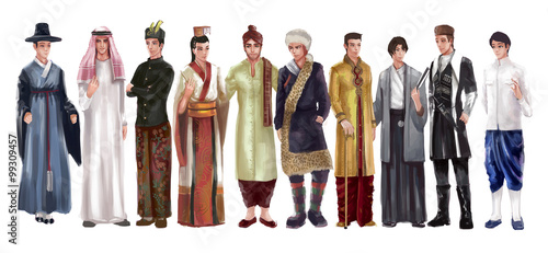 Cartoon illustration of Asian male man traditional, religion, and national costume dress clothing fashion clothes set represent each country art and culture in friendly and world peace concept