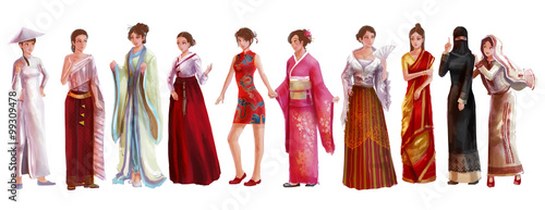 Cartoon illustration of Asian female woman traditional, religion, and national costume dress clothing fashion clothes set represent each country art and culture in friendly and world peace concept