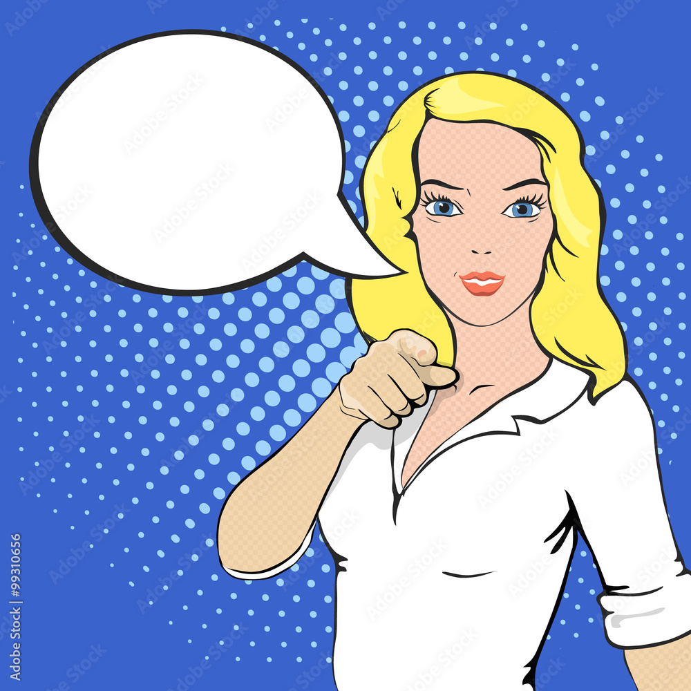 Pop Art illustration of girl with a speech bubble. Comic style woman. Hand  pointing finger at viewer, from front Stock Vector | Adobe Stock