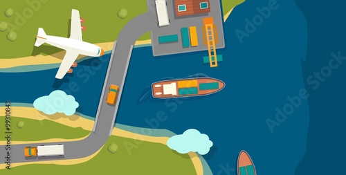 Illustration of a cargo port in flat vector style. Top view. Ship, harbor, sea, boat, crane, dock, airplane and track. For banner industry shipping transport.