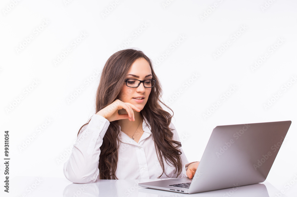 Laptop woman. Business Woman with glasses using laptop computer pc. Isolated on white background. Laptop woman. Business Woman with glasses using laptop computer pc. Isolated on white background.