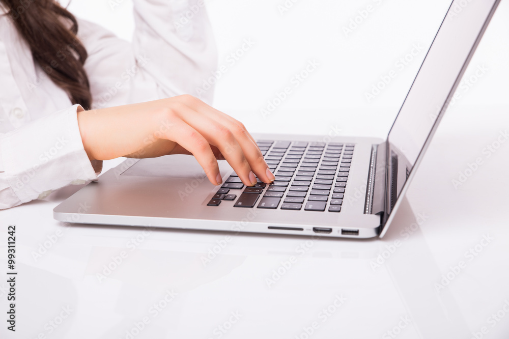 Laptop woman. Business Woman with glasses using laptop computer pc. Isolated on white background. Laptop woman. Business Woman with glasses using laptop computer pc. Isolated on white background.