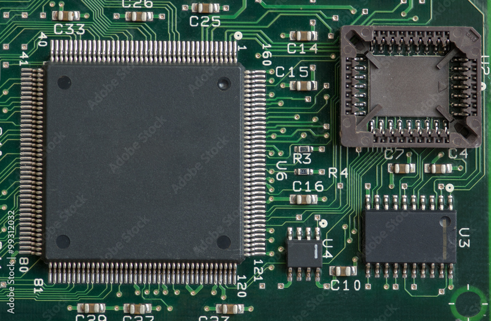 Printed circuit board with electronic components. Computer and networking communication technology concept. Printed circuit board with electronic components. Computer and networking communication technology concept.