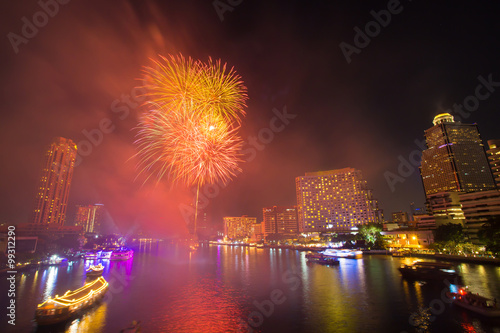 Firework with smoke at Chao Phraya River in countdown celebration party 2016 Bangkok Thailand © powerbeephoto