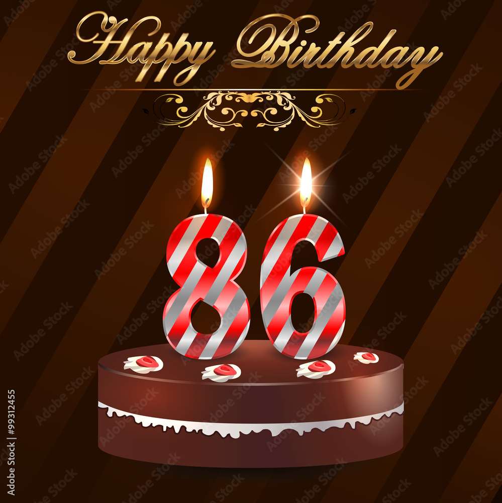 86 year Happy Birthday Card with cake and candles, 86th birthday