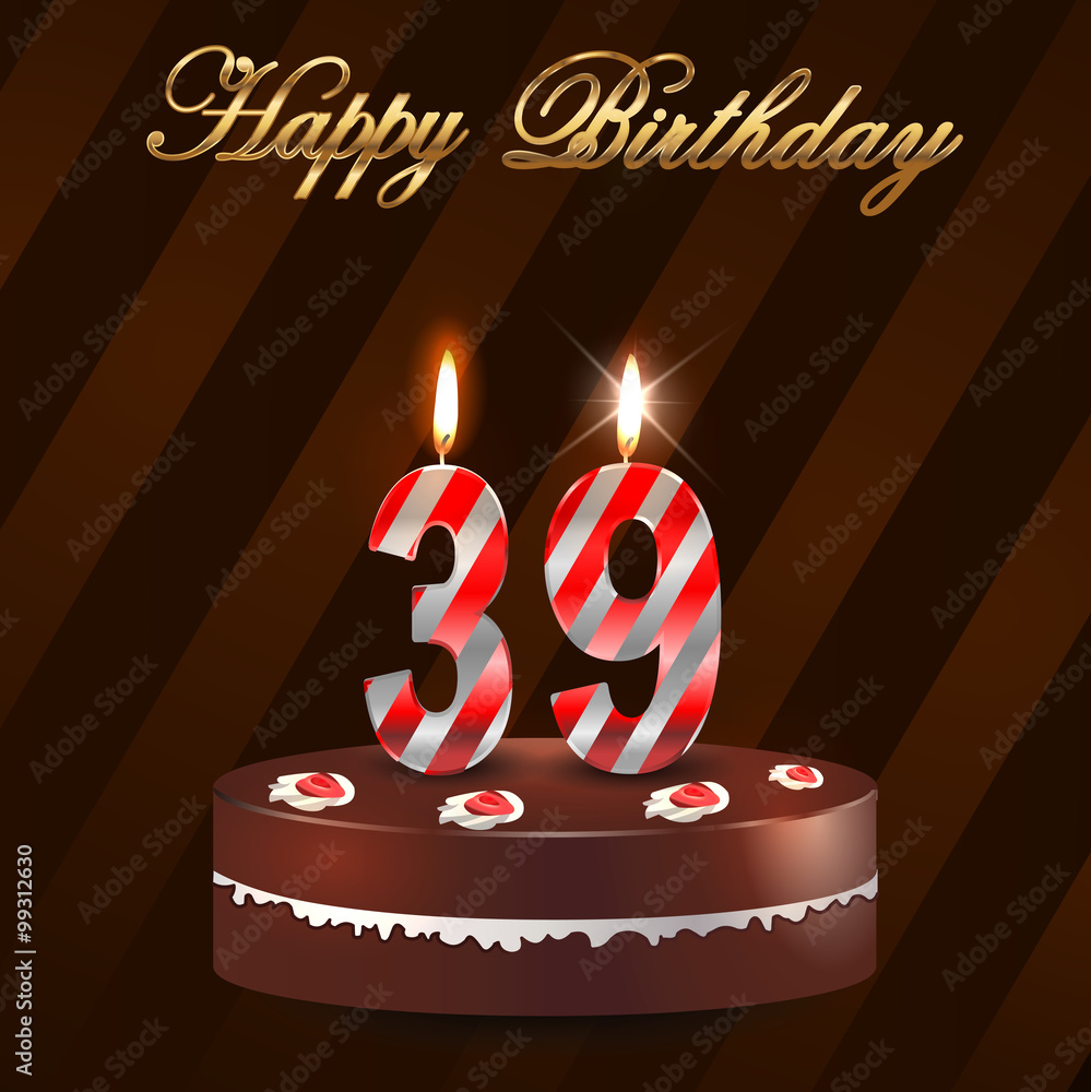 39 year Happy Birthday Card with cake and candles, 39th birthday - vector EPS10 Иллюстрация Stock