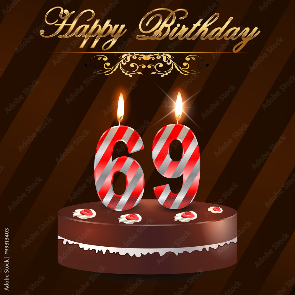 69 year Happy Birthday Card with cake and candles, 69th birthday - vector EPS10 Иллюстрация Stock