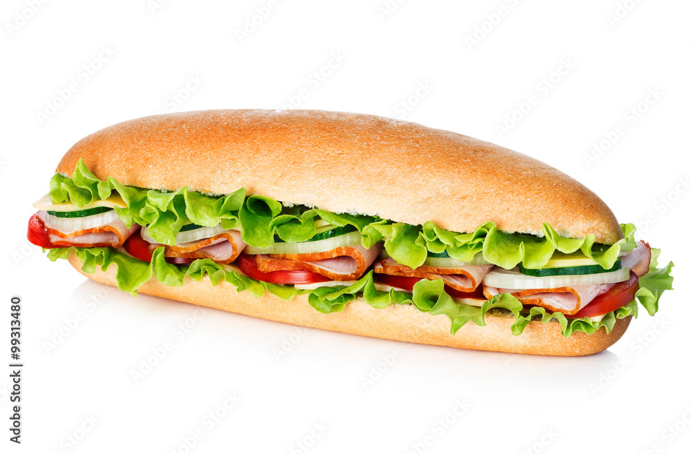 Big tasty sandwich close-up isolated on a white background. Big tasty sandwich close-up isolated on a white background.