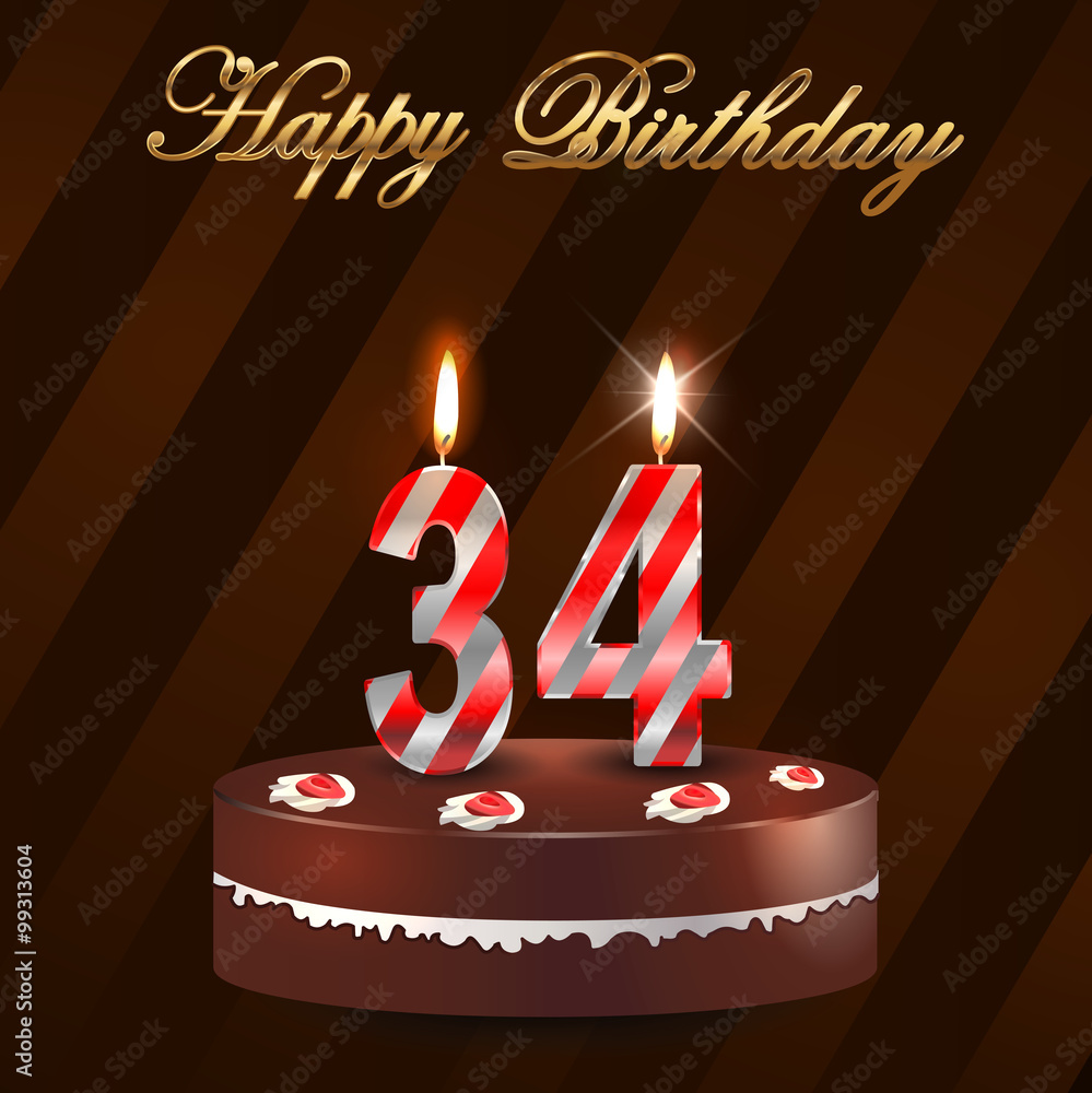 34 year Happy Birthday Card with cake and candles, 34th birthday - vector EPS10 Stock Illustration