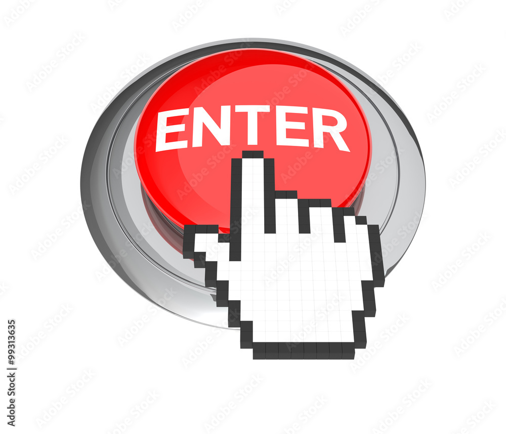Mouse Hand Cursor on Red Enter Button. 3D Illustration. Mouse Hand Cursor on Red Enter Button. 3D Illustration.