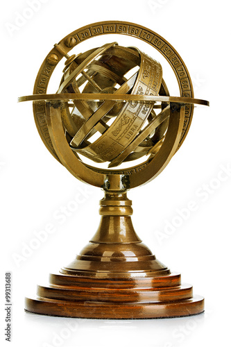 Old vintage brass model of the solar system isolated on white background. Astronomical device. Vintage gear.