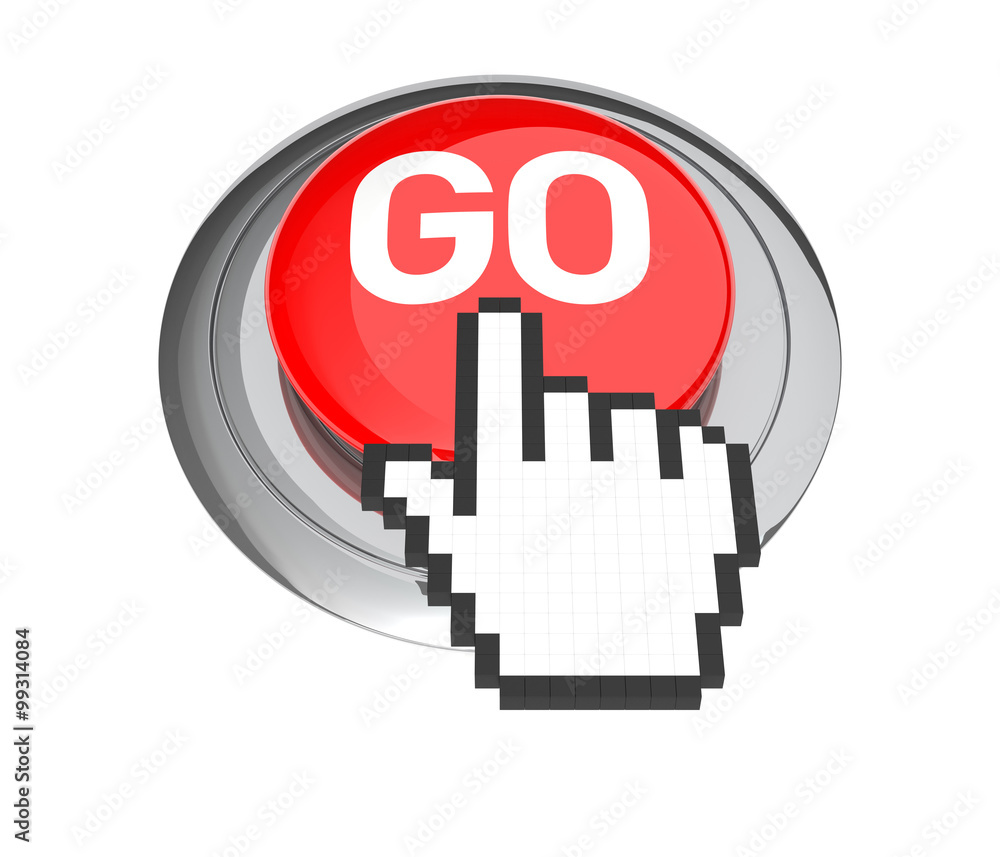 Mouse Hand Cursor on Red GO Button. 3D Illustration. Mouse Hand Cursor on Red GO Button. 3D Illustration.