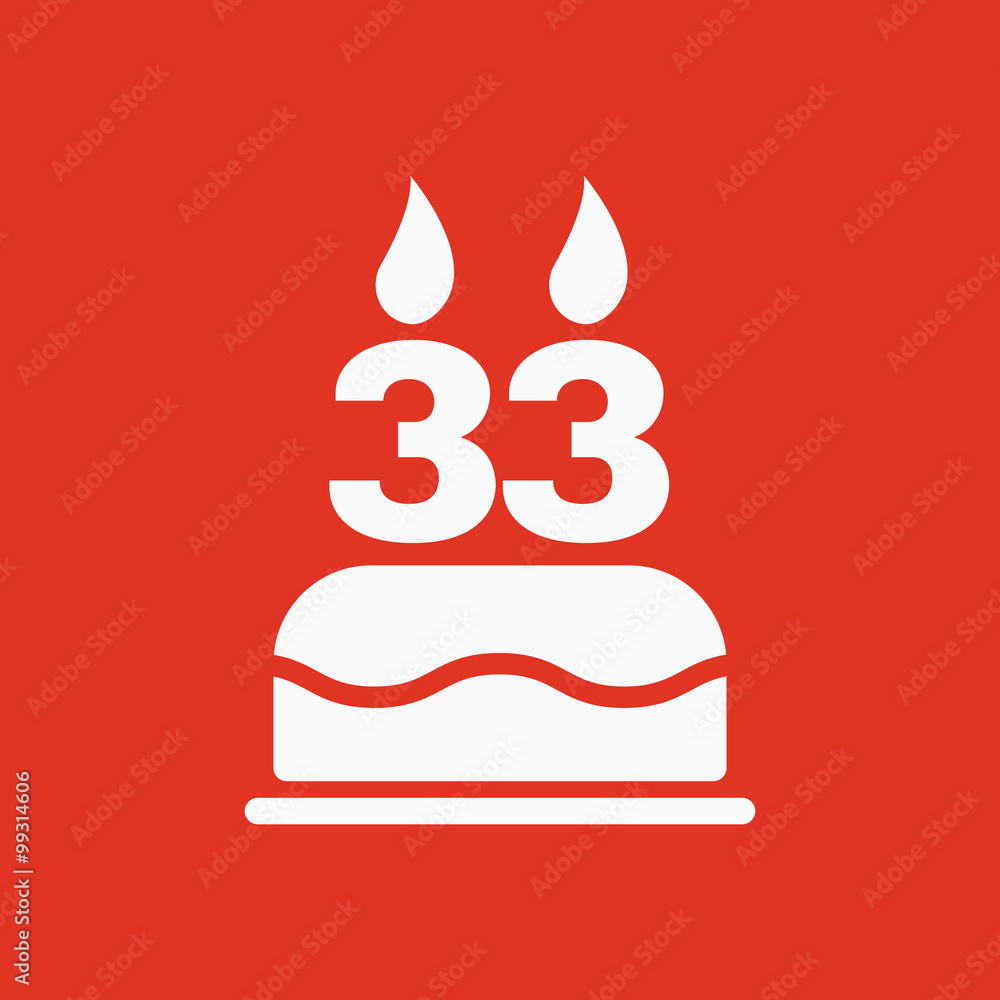 The birthday cake with candles in the form of number 33 icon. Birthday symbol. Flat The birthday cake with candles in the form of number 33 icon. Birthday symbol. Flat