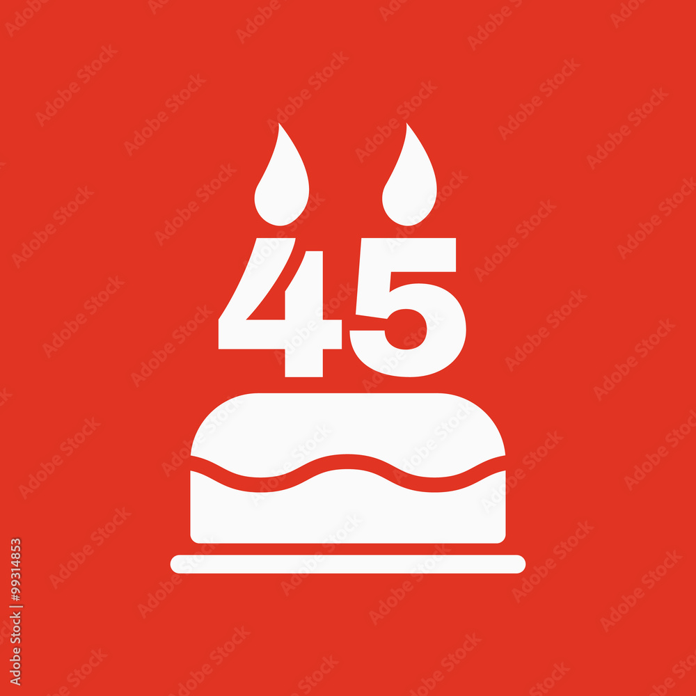 Obraz premium The birthday cake with candles in the form of number 45 icon. Birthday symbol. Flat