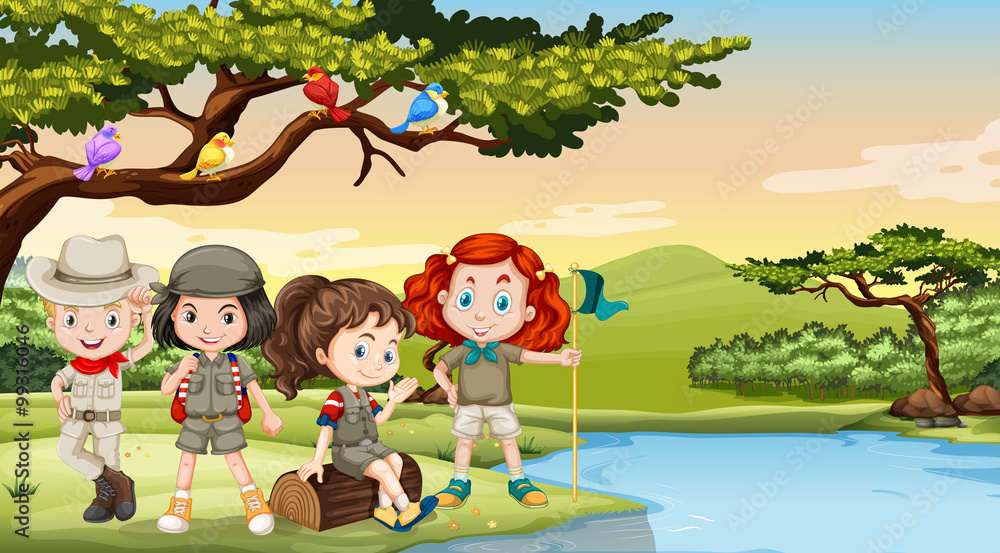 Children camping out by the river Children camping out by the river
