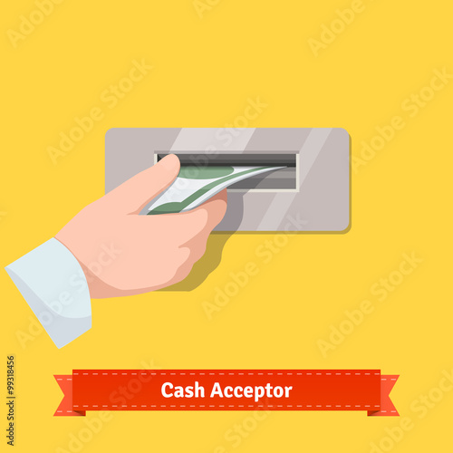 Human hand putting banknote to a cash validato
