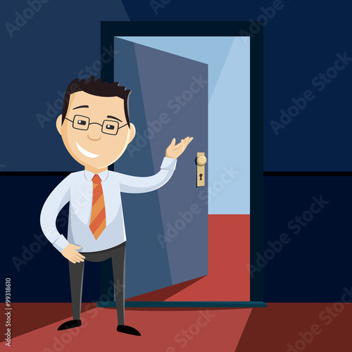 Open door to career. Happy man invites to new job. Looking for a new employee. Cartoon flat vector simple illustration.