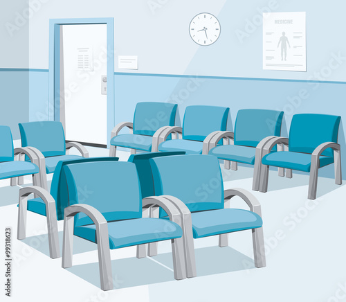 Empty waiting room in the hospital. Private medical practice. Modern Interior at the doctor. The best medical health care. Simple flat vector illustration.
