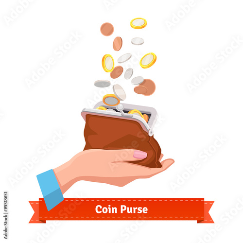 Coin rain to a purse in woman hand