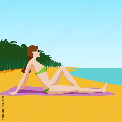 The girl sunbathes on the beach. Vector illustration