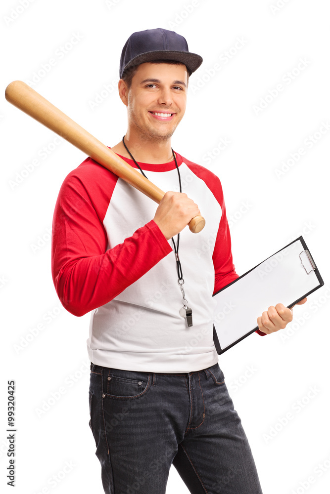 Young male baseball coach holding a clipboard Young male baseball coach holding a clipboard