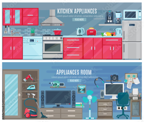 Household  Horizontal Banners With Electronic And Digital Appliances