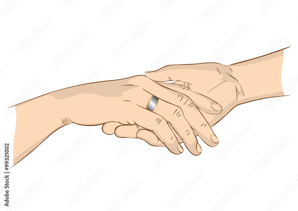 Hands of a woman with a ring on the palm of man close up Hands of a woman with a ring on the palm of man close up