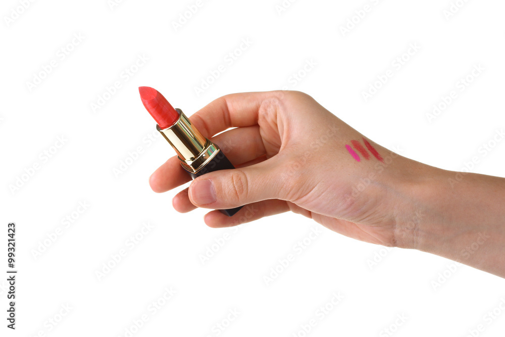 open lipstick in a woman's hand isolated on white background open lipstick in a woman's hand isolated on white background
