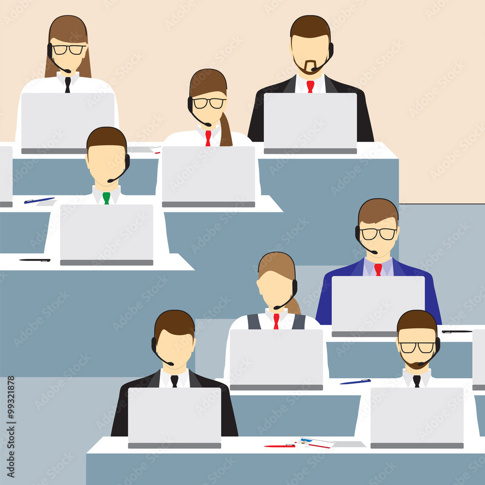 Men and women working in a call center. Support service. Men and women working in a call center. Support service.