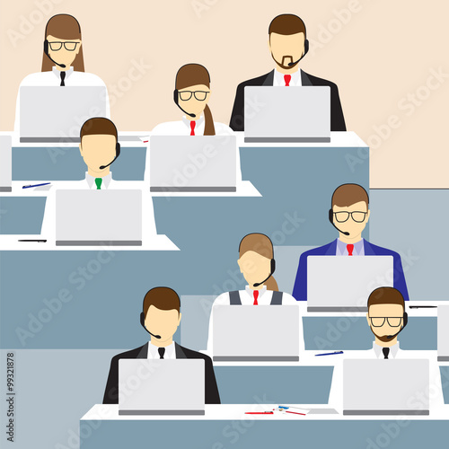 Men and women working in a call center. Support service.