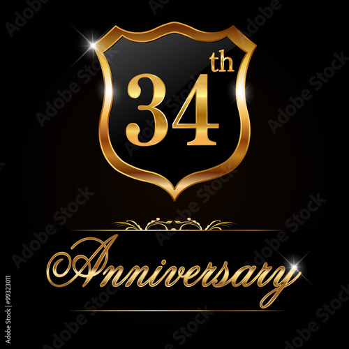 34th year anniversary golden label, 34 anniversary decorative golden emblem - vector illustration photo