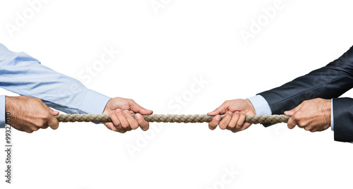 Tablou canvas Tug war, two businessman pulling rope in opposite directions
