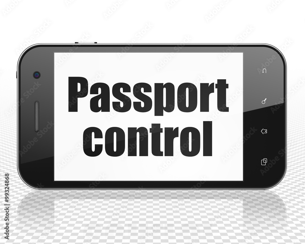Tourism concept: Smartphone with Passport Control on display Tourism concept: Smartphone with Passport Control on display